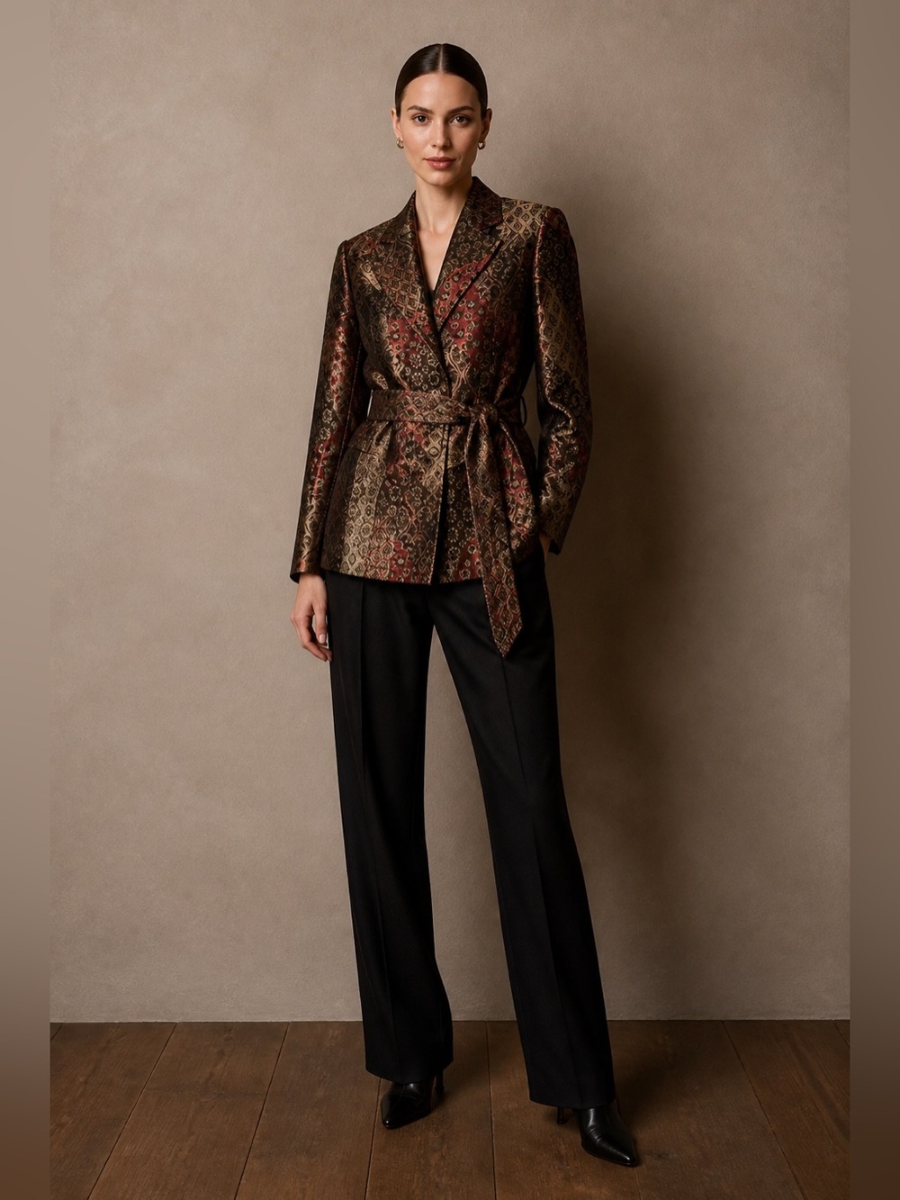 Cache’ Metallic Brocade Belted Jacket - Red & Black 8
